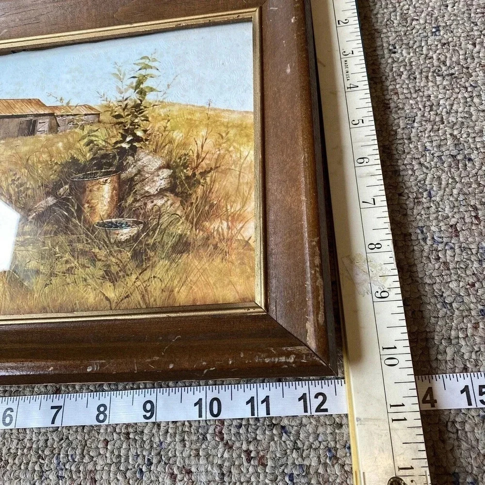 VTG Art Frame Filed Farm House Blueberry Bucket Print Water Color Hand Painted - Picture 2 of 6